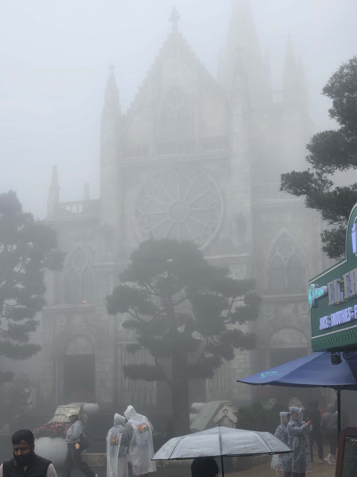 A faux Gothic cathedral obscured by mist.